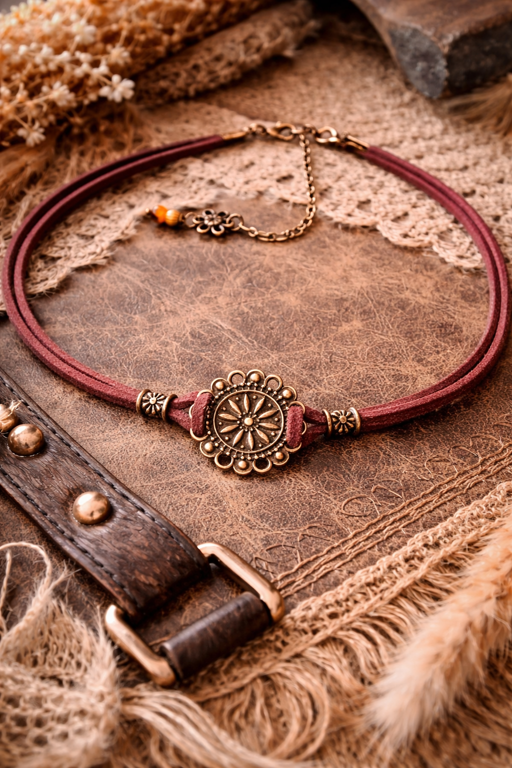 🌸 CHOKER BOHO Z ROZETĄ / MANDALĄ – HARMONIA I ŚWIATŁO