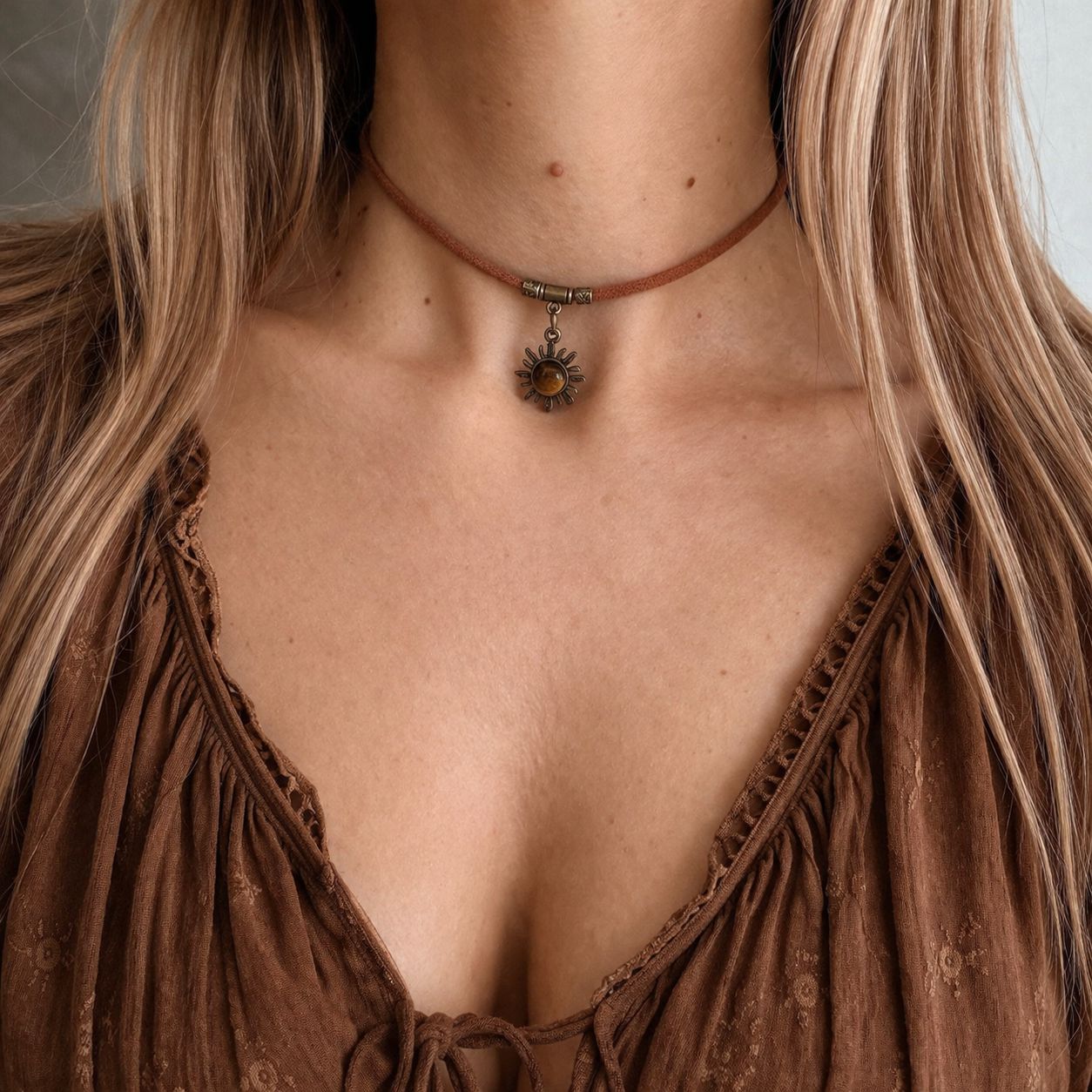 Choker słońce z tygrysim okiem – boho naszyjnik talizman energia i ochrona