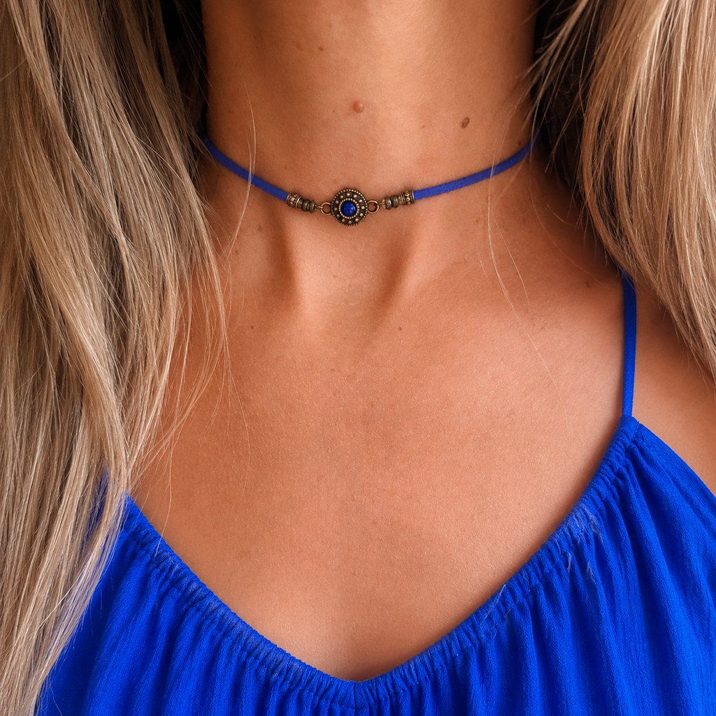 Choker Chabrowy z Oczkiem – Boho Naszyjnik w Kolorze Indygo | Agnes Arte