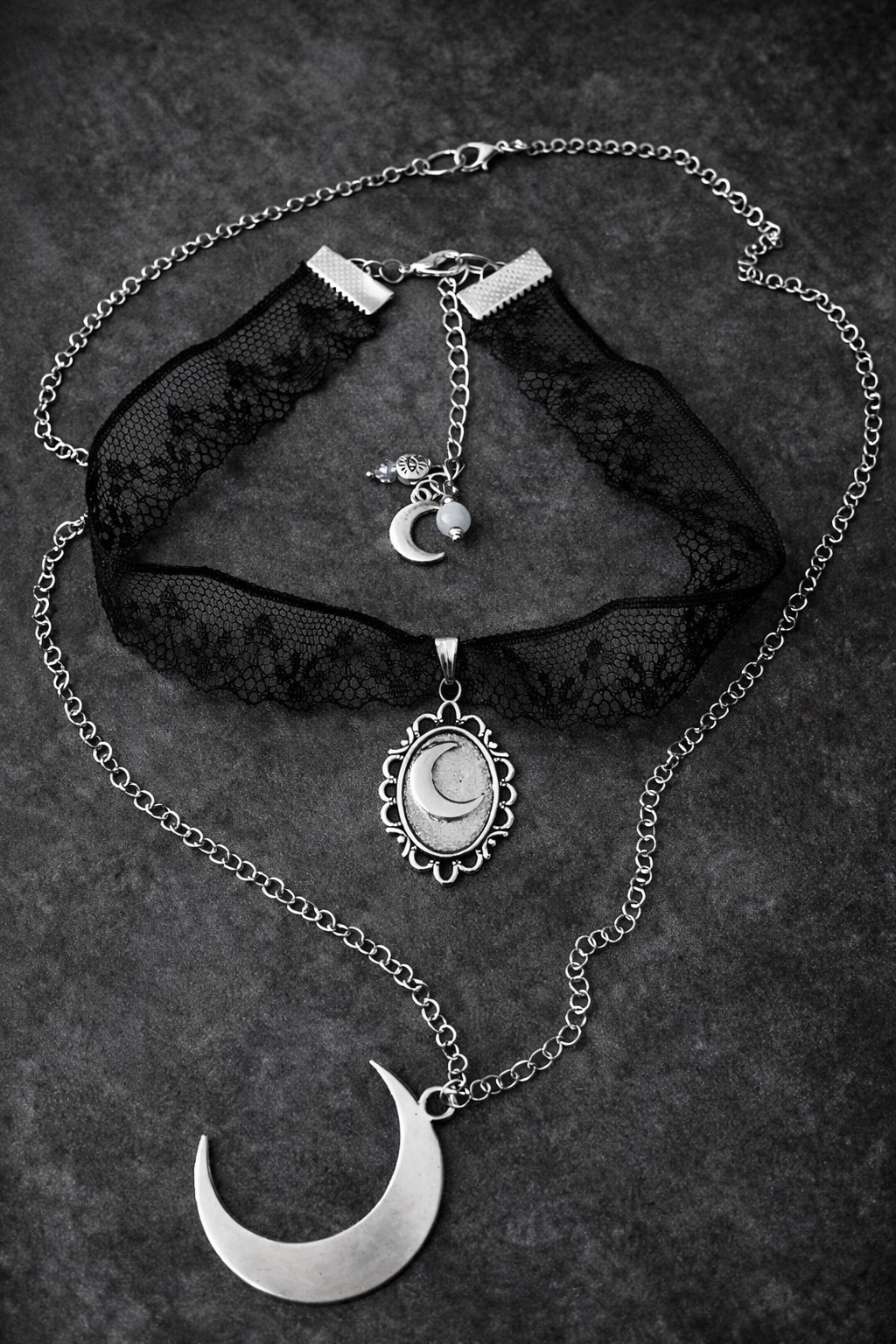 🌙✨ Zestaw naszyjników Moon Gothic – koronka & srebro ✨🌙