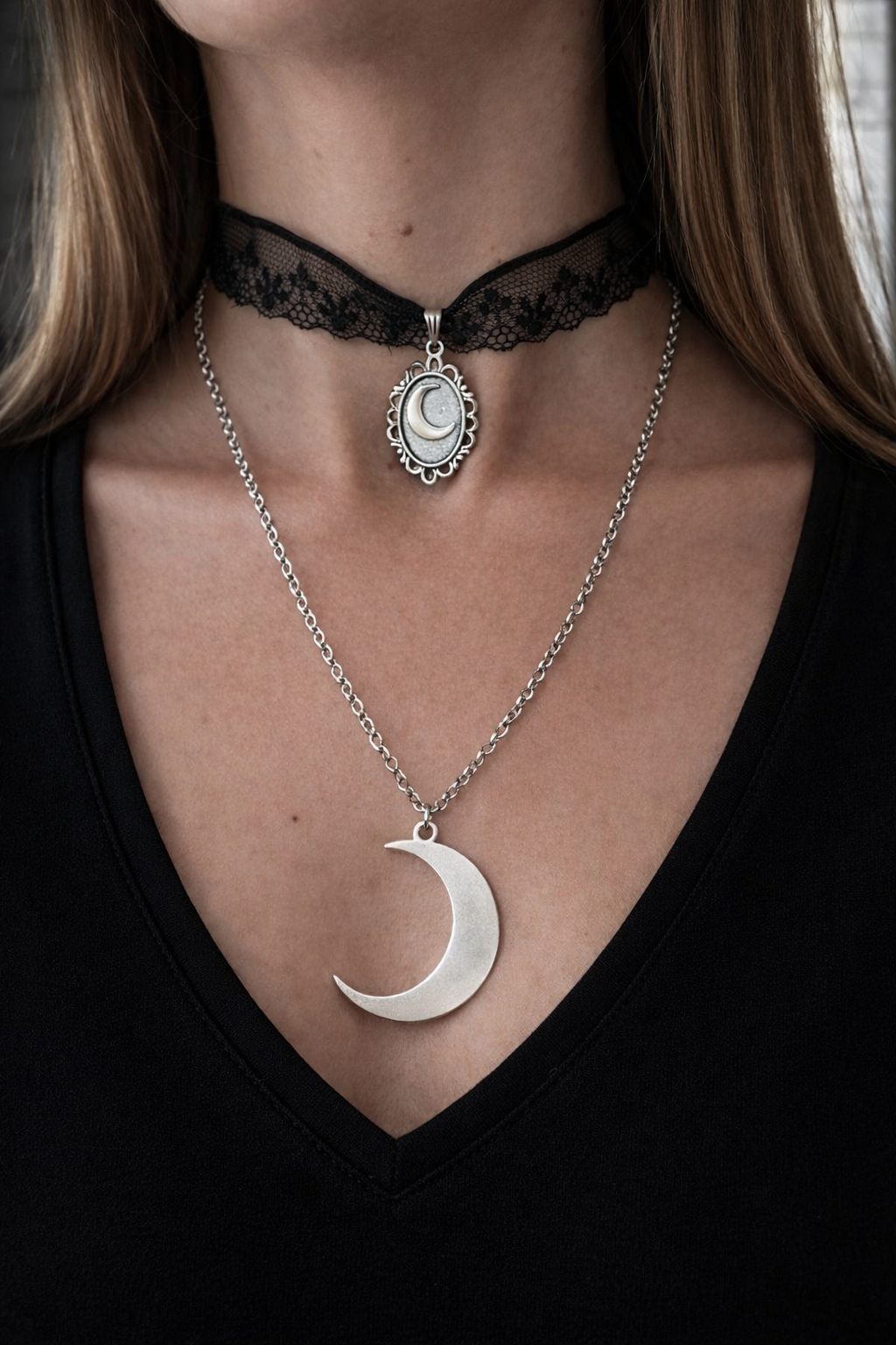 🌙✨ Zestaw naszyjników Moon Gothic – koronka & srebro ✨🌙