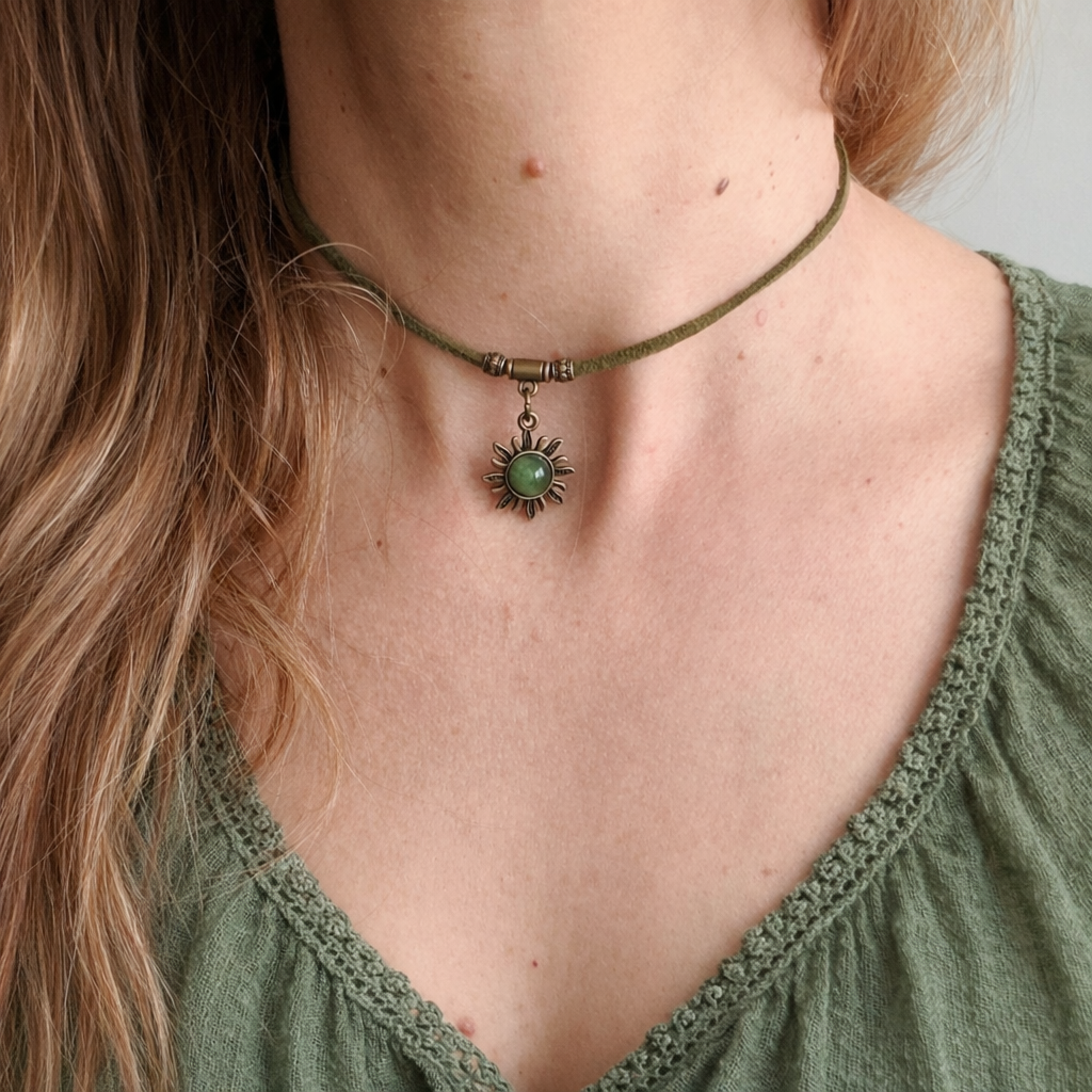 Choker z awenturynem – zielony kamień naturalny, naszyjnik boho vintage, talizman szczęścia Agnes Arte