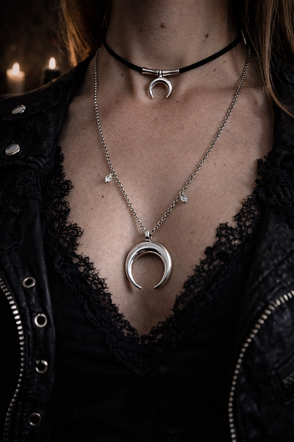 ✨Zestaw Choker + łańcuszek z półksiężycem – symbol intuicji i kobiecej energii ✨