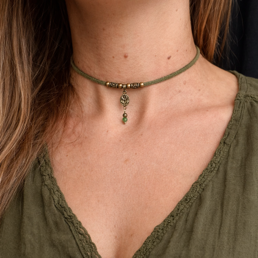 Zielony choker z jadeitem – styl boho, naszyjnik natura, talizman harmonii