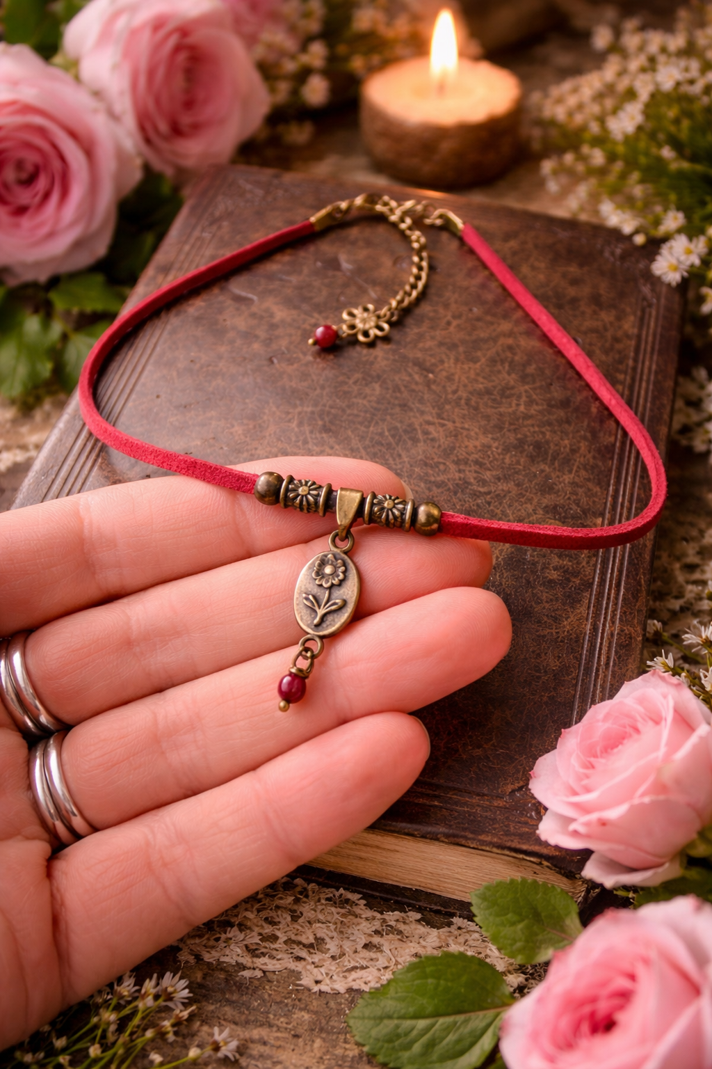 Bordo choker z kwiatem – bordowy rzemyk, styl boho vintage, naszyjnik romantyczny, z naturalnym granatem.