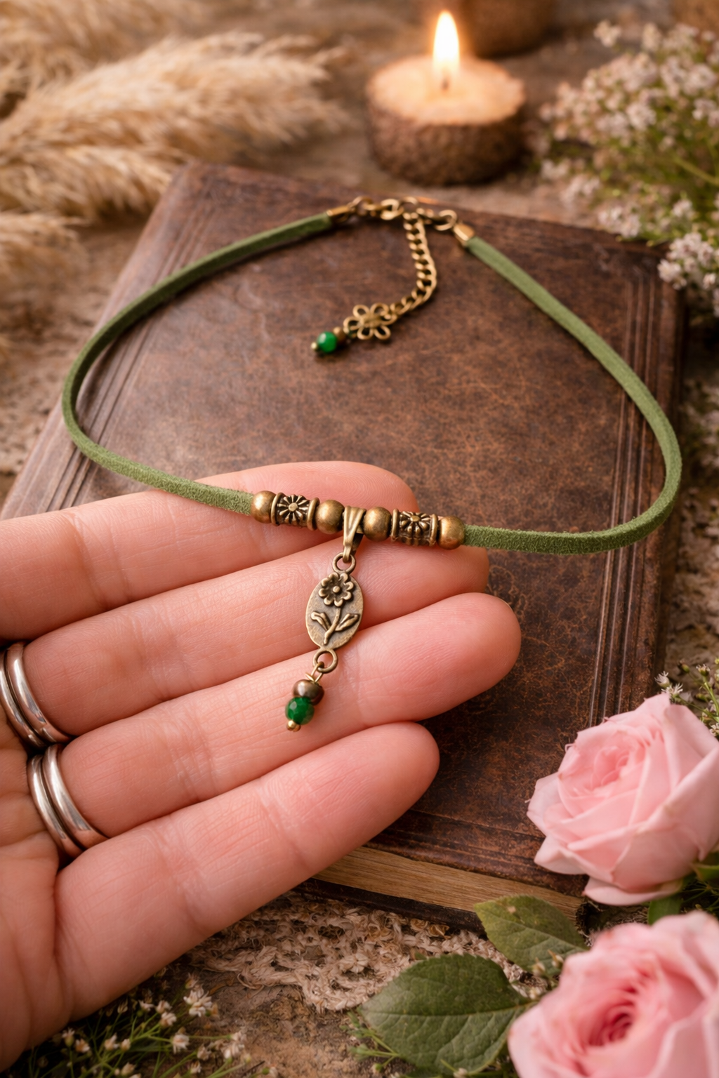 Zielony choker z jadeitem – styl boho, naszyjnik natura, talizman harmonii