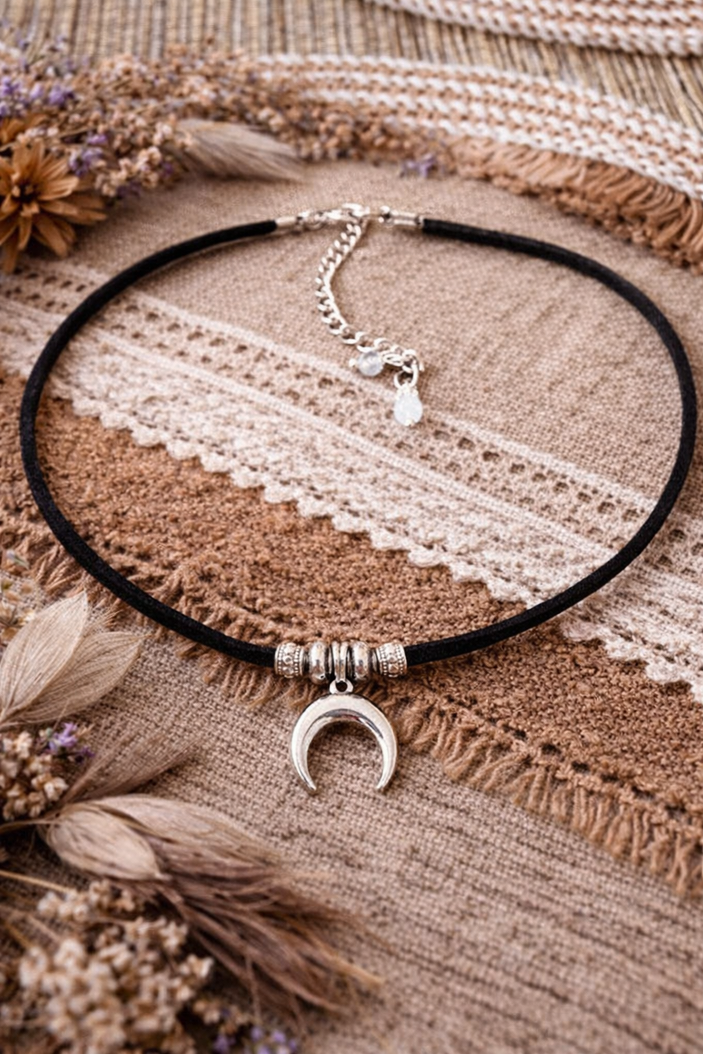 Choker Boho Lunula, Czarny Rzemyk Eco Zamsz, Naszyjnik Księżyc, Biżuteria Mistyczna, Symbol Kobiecej Energii