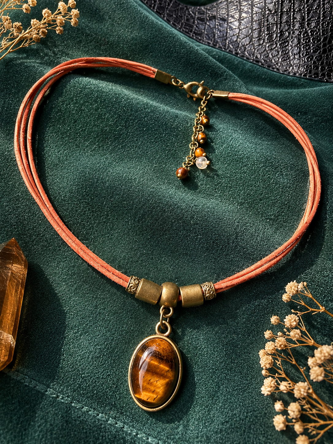 Choker z Tygrysim Okiem – naturalna skóra | Boho naszyjnik z kamieniem odwagi i pewności siebie | AgnesArte