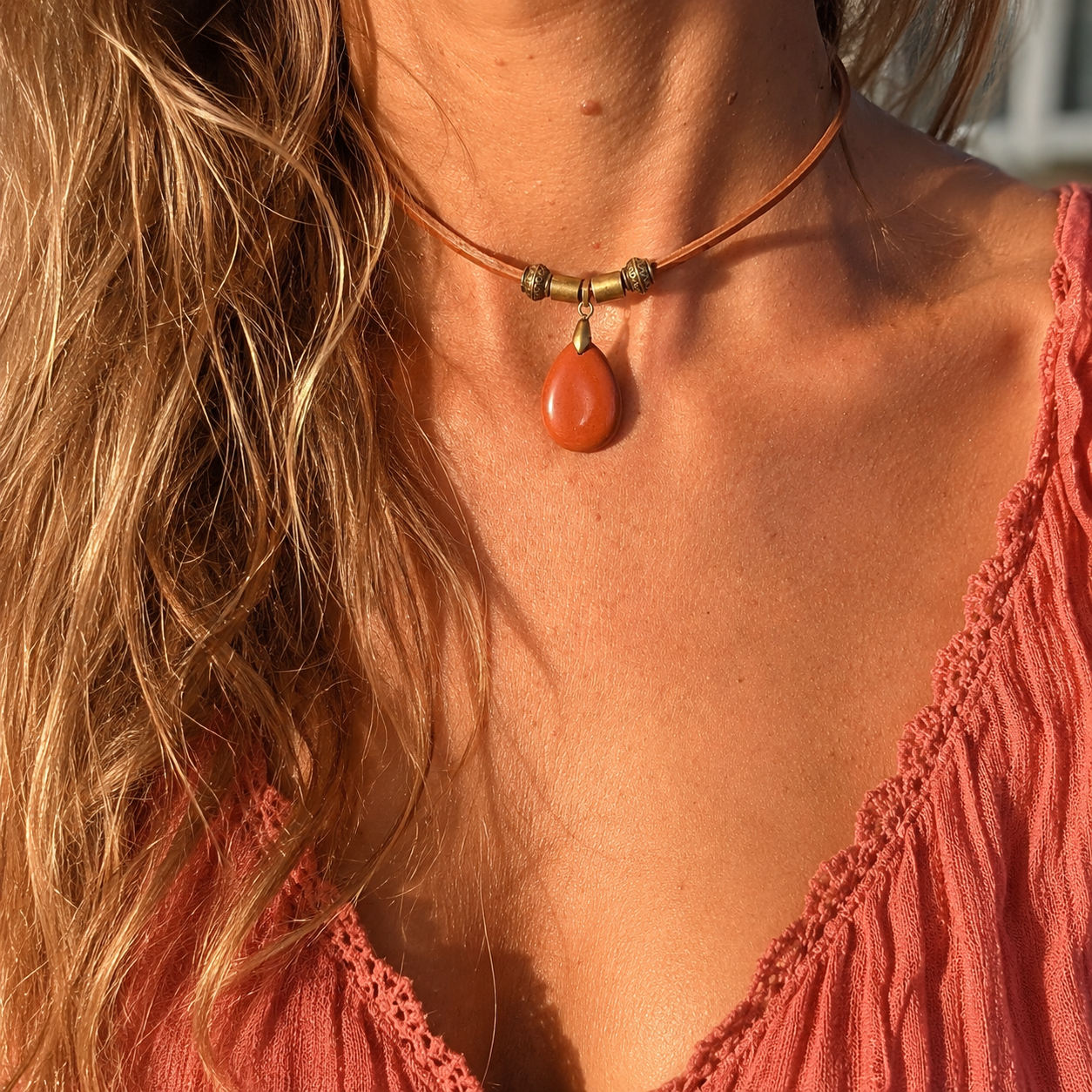 Choker z czerwonym jaspisem – naturalna skóra z Indii | Boho naszyjnik z kamieniem naturalnym | AgnesArte