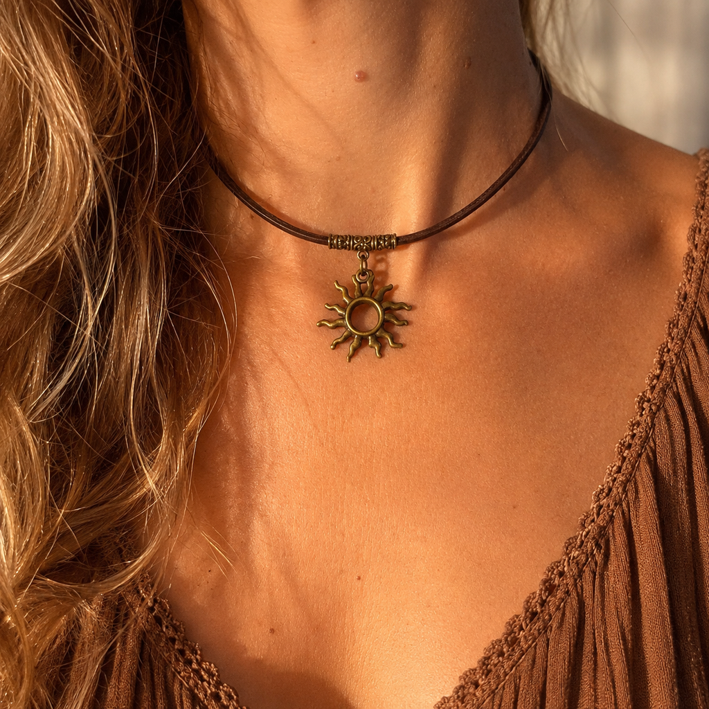 Choker ze Słońcem – naturalna ciemnobrązowa skóra | Boho naszyjnik z symbolem światła | AgnesArte