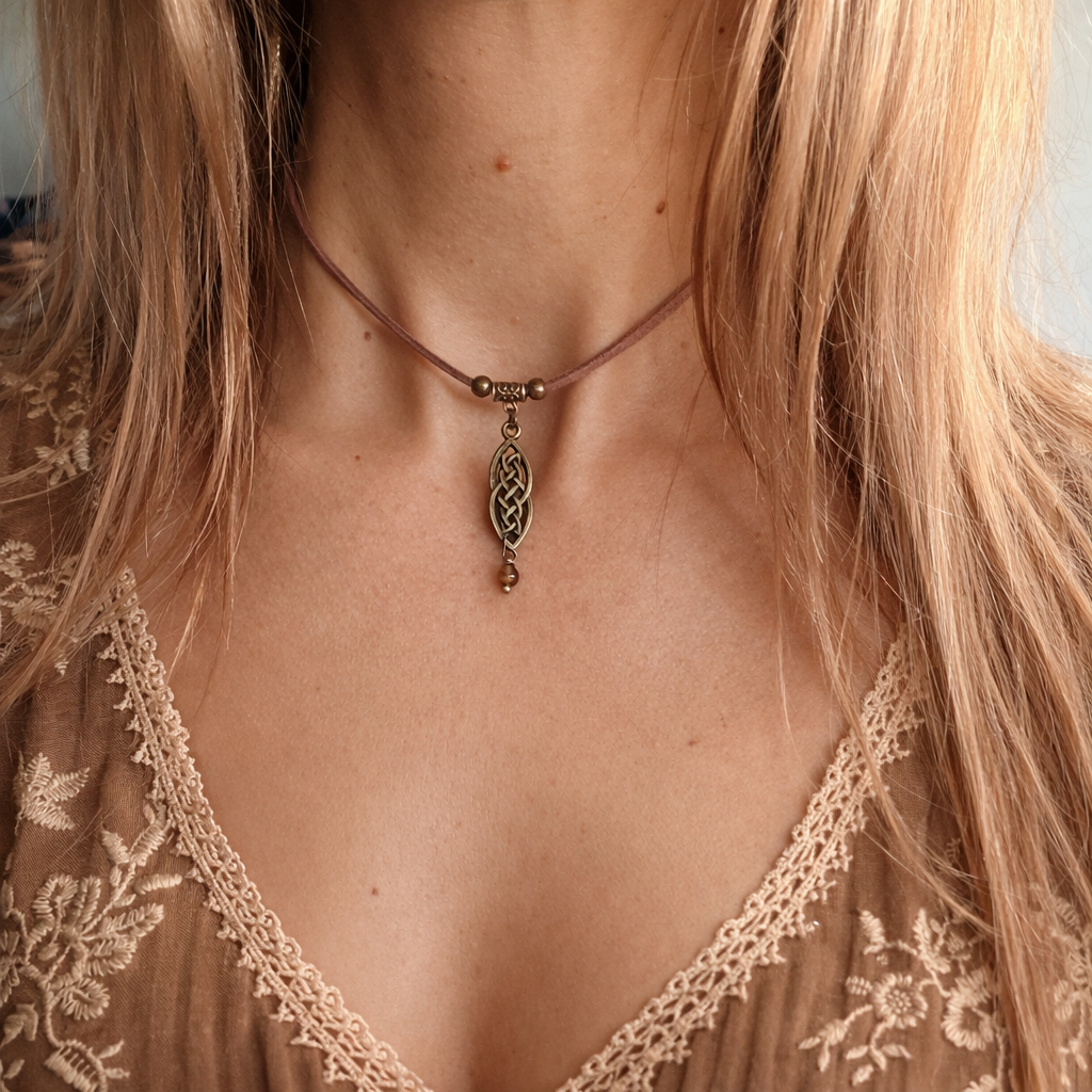 Delikatny choker w stylu boho / vintage z subtelnym motywem celtyckiego węzła.