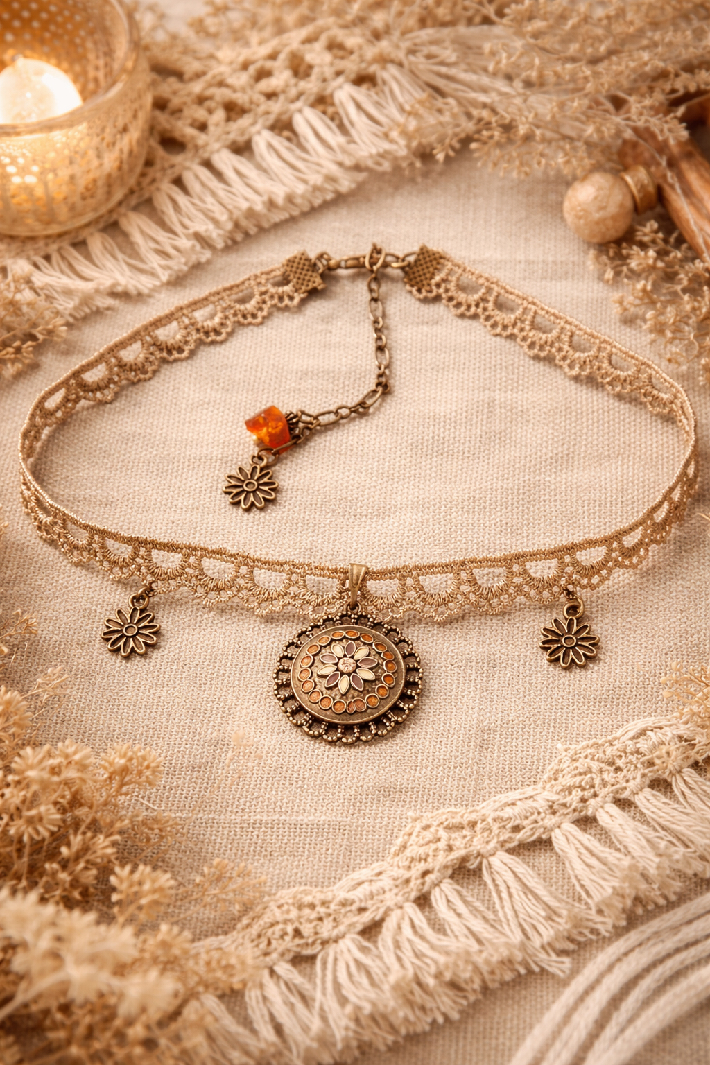 Choker na koronce beżowo-złotej z mandalą – subtelny styl boho vintage