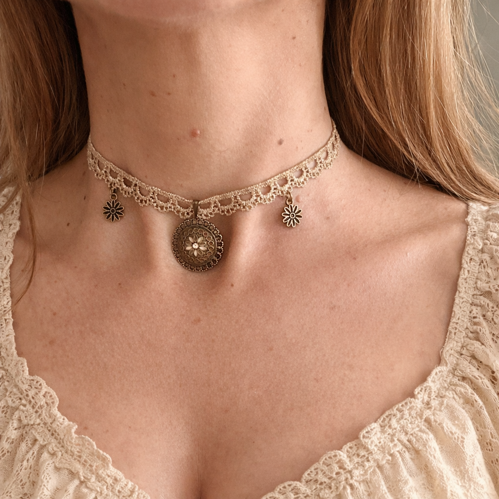 Choker na koronce beżowo-złotej z mandalą – subtelny styl boho vintage