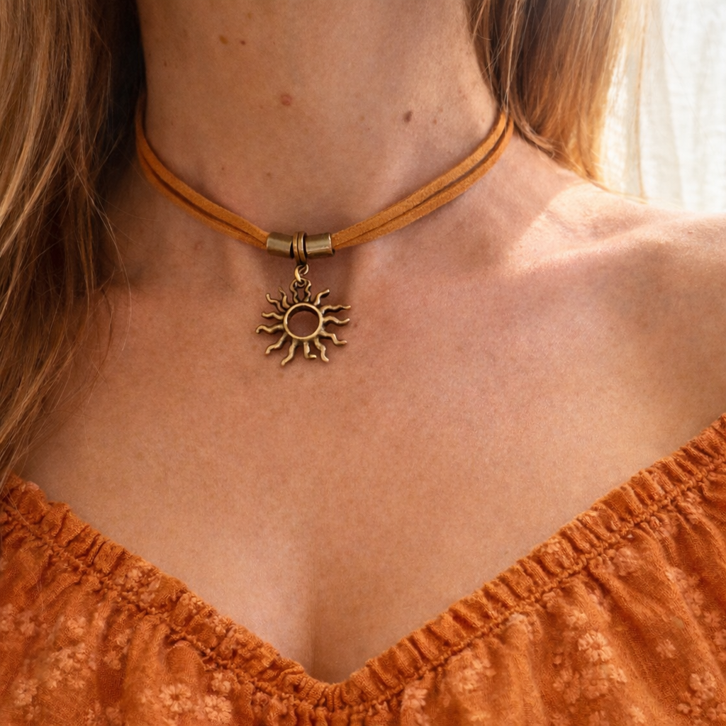 Choker boho ze słońcem i kamieniem w ciepłym odcieniu