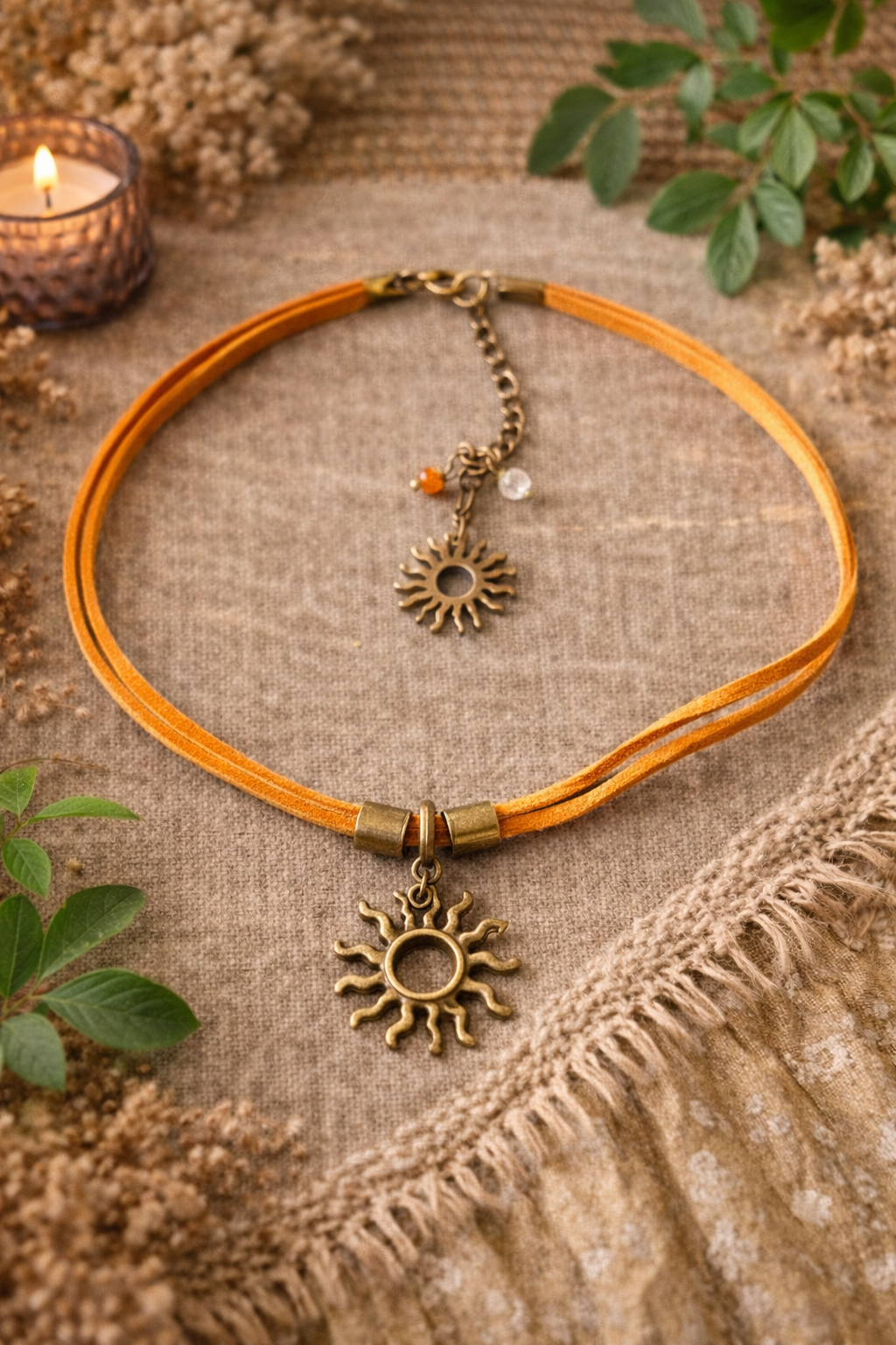 Choker boho ze słońcem i kamieniem w ciepłym odcieniu