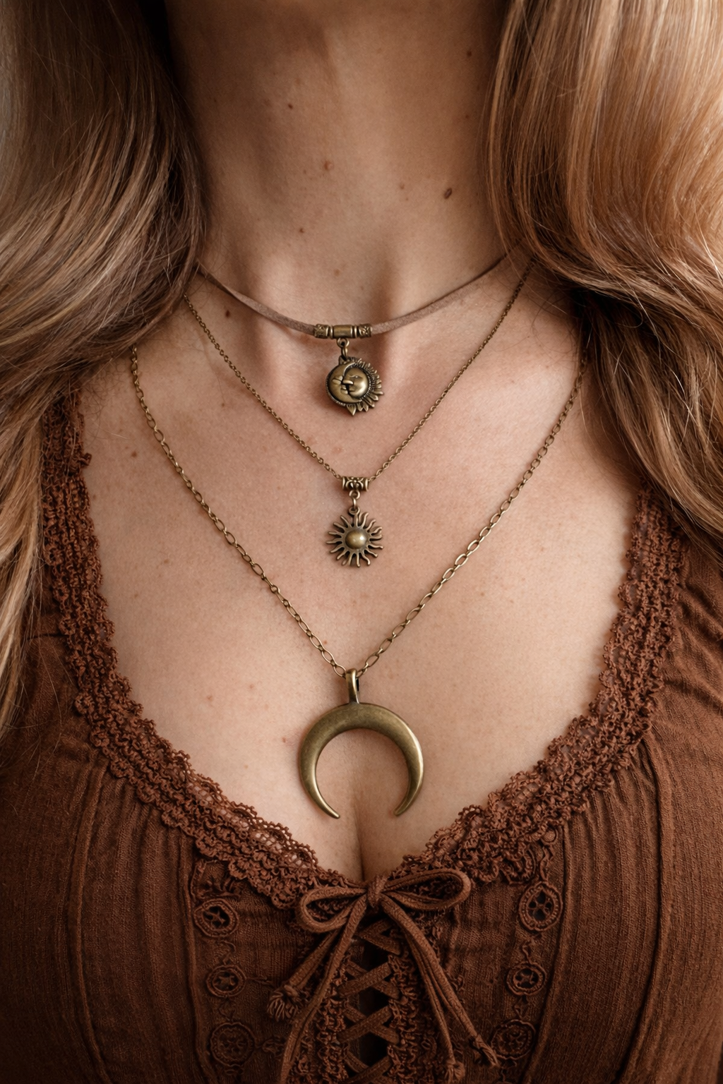 Zestaw naszyjników boho – choker z motywem słońca i księżyca | layered necklace