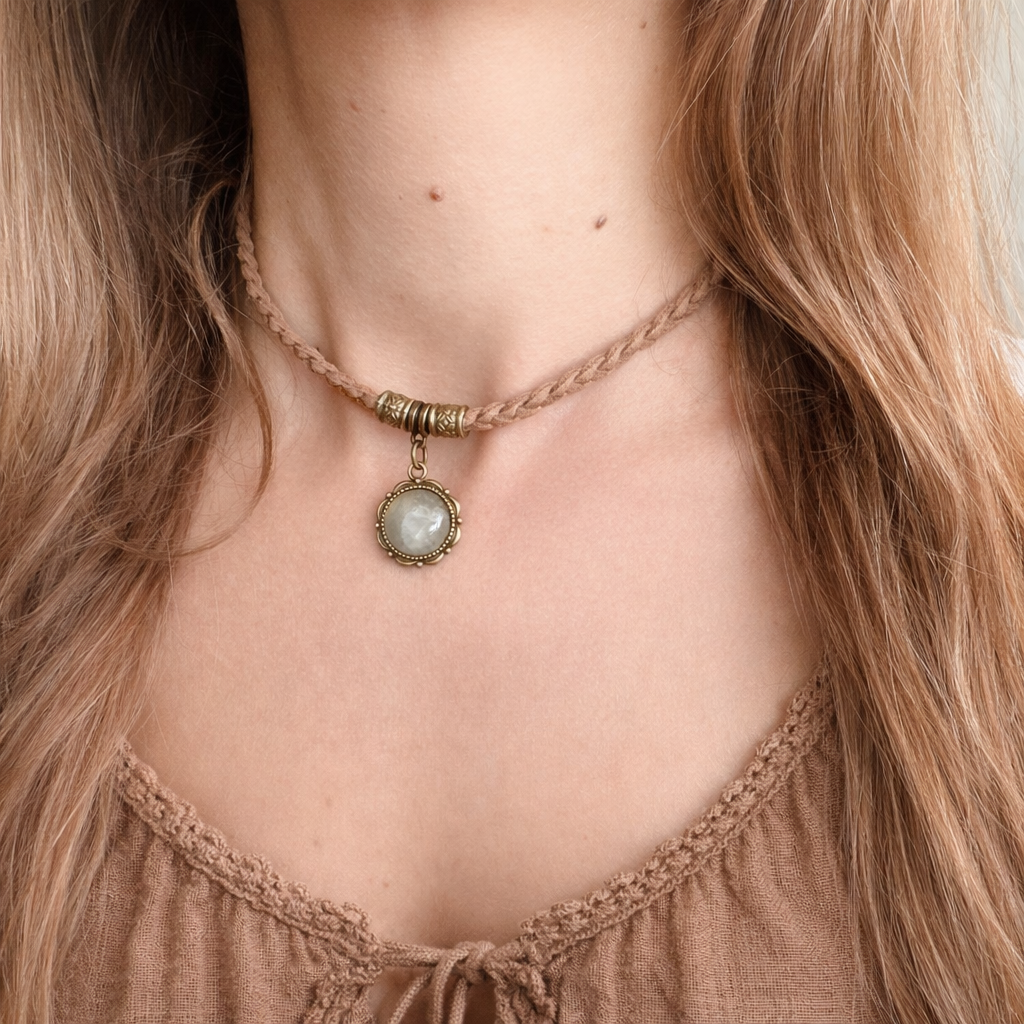 🌫️ Choker z naturalnym agatem – jasny kamień, boho naszyjnik vintage | Agnes Arte