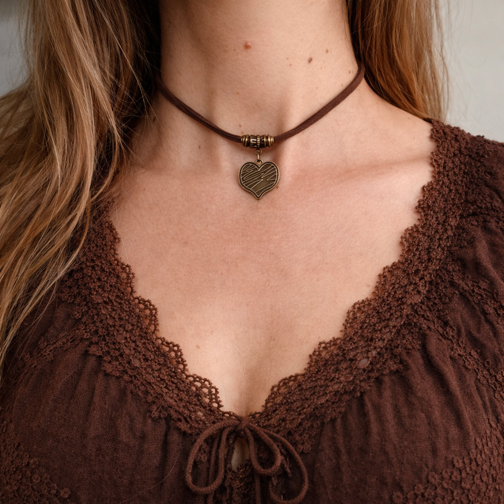 🤎✨ Choker z sercem vintage – naszyjnik boho z zawieszką serce, rzemyk eko zamsz | Agnes Arte