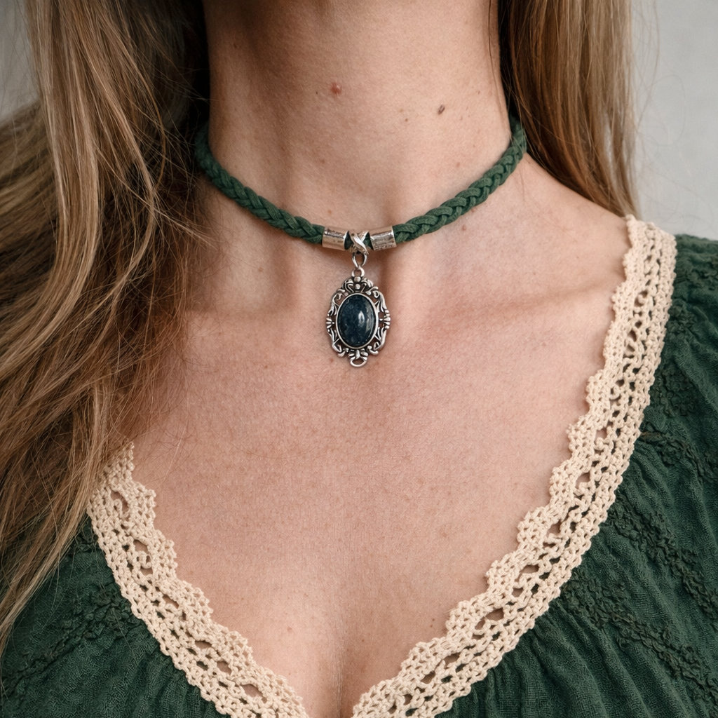 🌿✨ Choker z agatem mchowym – zielony naszyjnik boho vintage, talizman natury | Agnes Arte