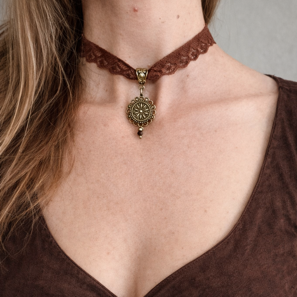 🍂✨ Choker koronkowy z agatami i bursztynem – naszyjnik boho vintage, talizman ciepła i ochrony | Agnes Arte