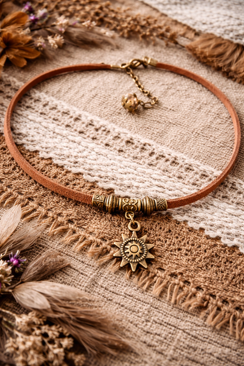 Choker Boho ze Słońcem, Brązowy Rzemyk Eco Zamsz, Naszyjnik z Zawieszką Słońca, Biżuteria Symboliczna, Styl Boho