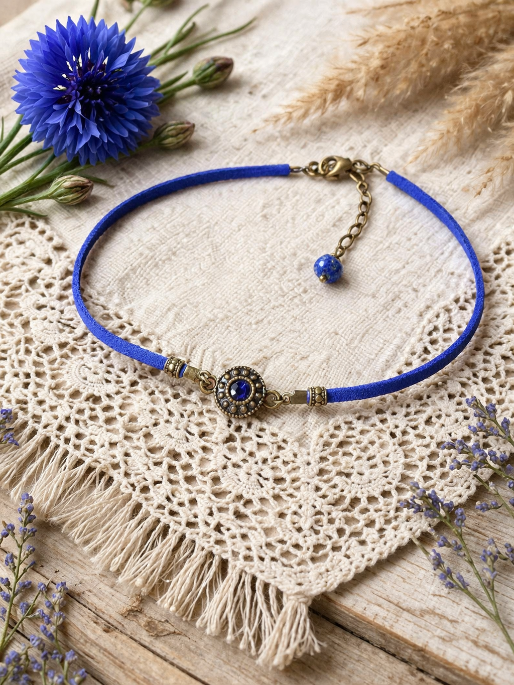 Choker chabrowy z kamieniem naturalnym | Niebieski choker boho | Naszyjnik AgnesArte