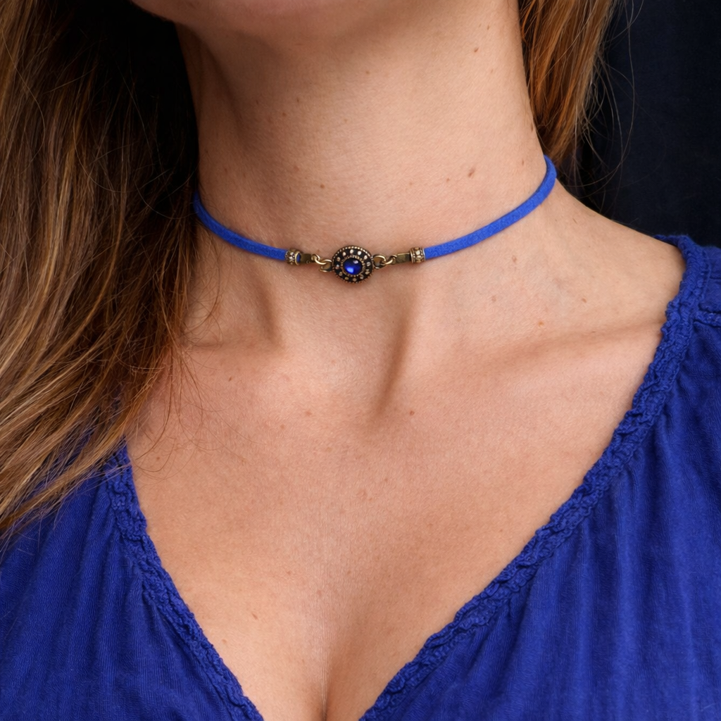 Choker chabrowy z kamieniem naturalnym | Niebieski choker boho | Naszyjnik AgnesArte