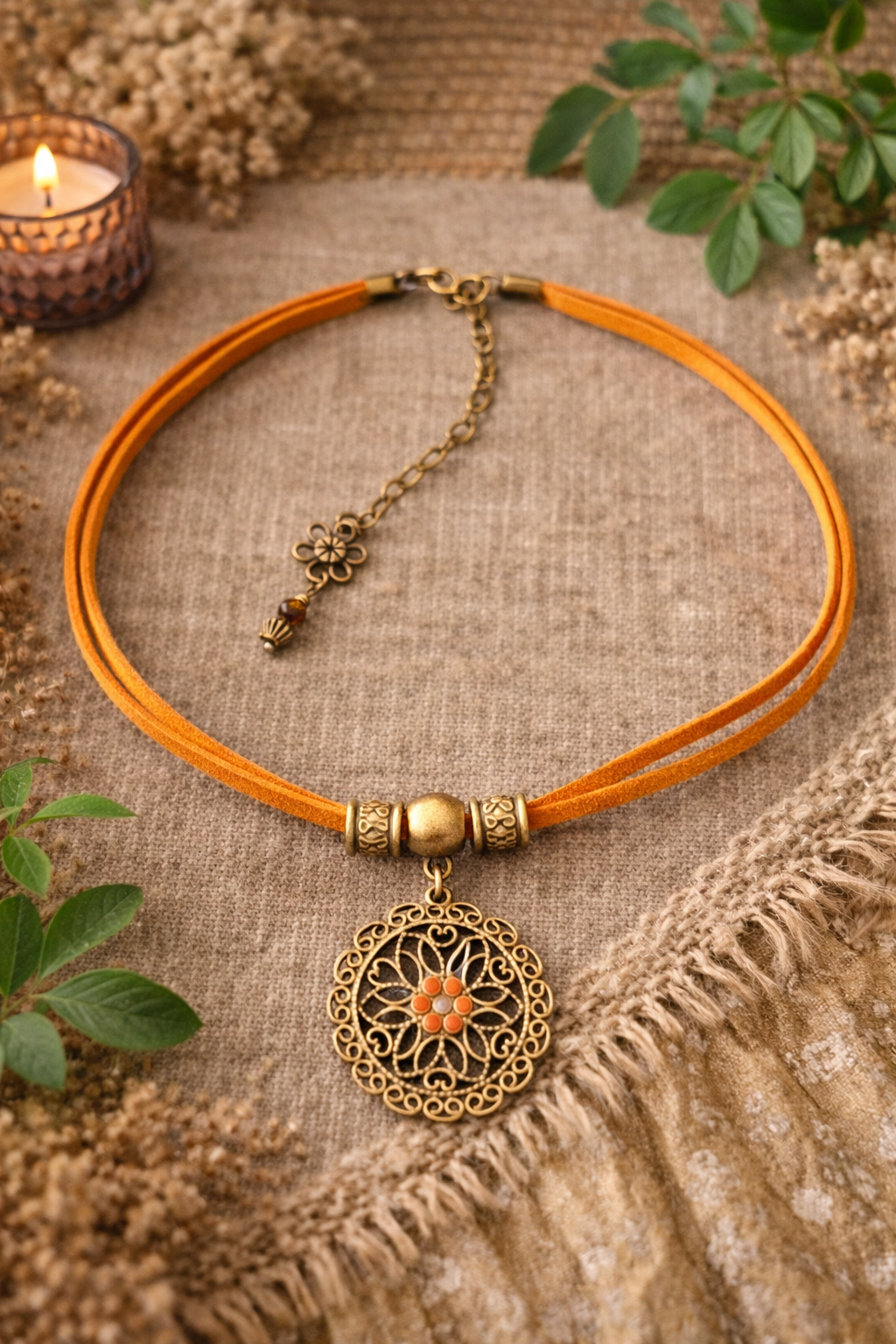 Choker boho z mandalą w ciepłym, ziemistym odcieniu