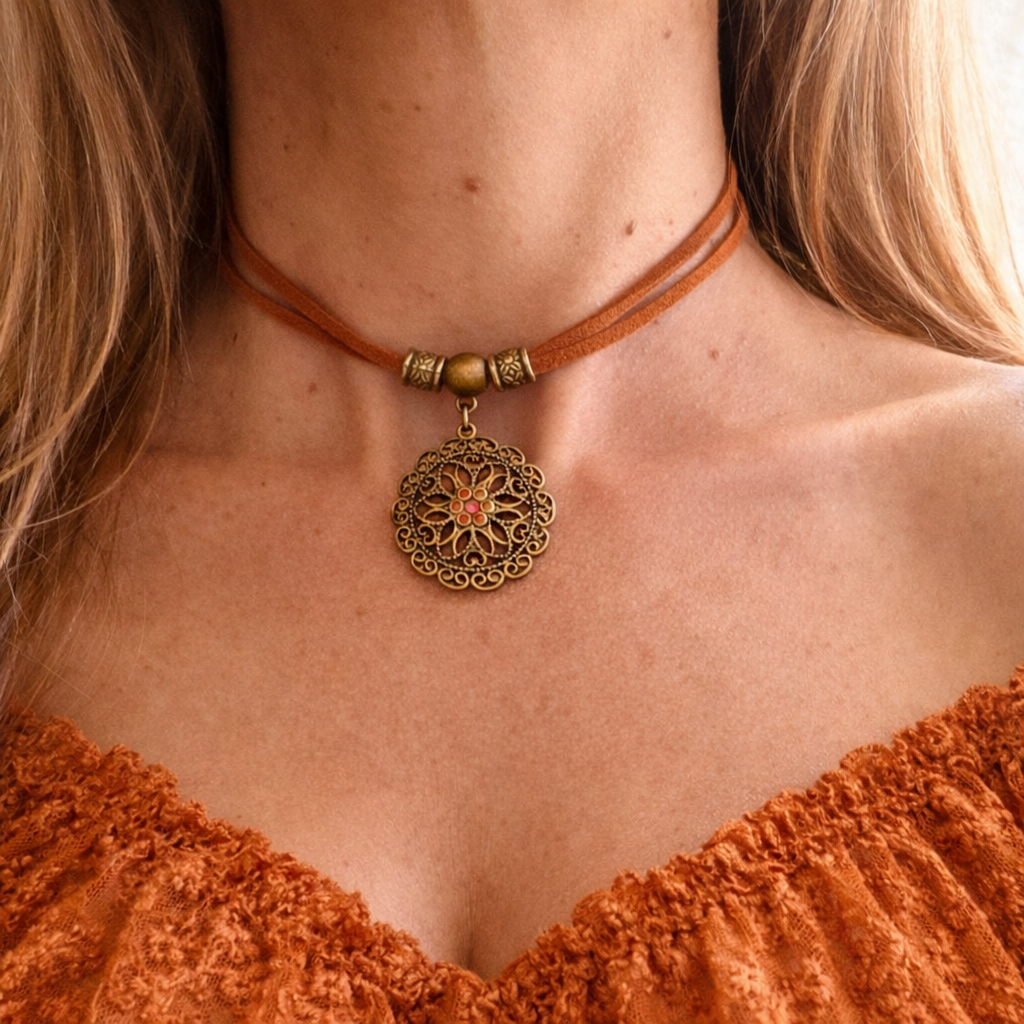 Choker boho z mandalą w ciepłym, ziemistym odcieniu