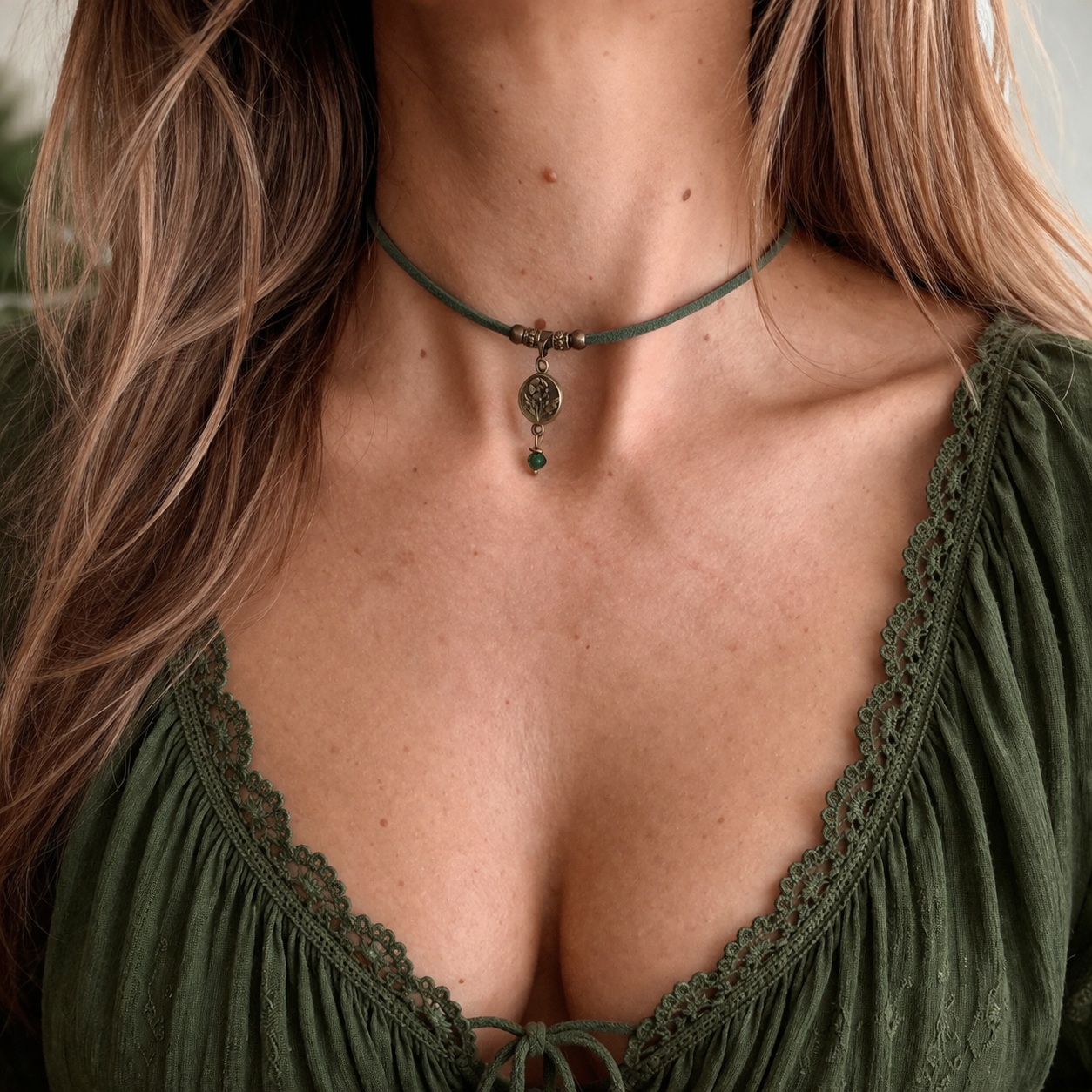 Choker z zielonym jadeitem – naszyjnik boho z kwiatem talizman natury