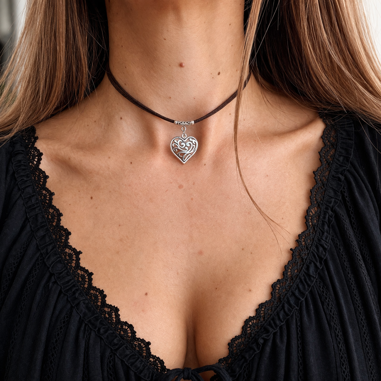 Choker serce boho – naszyjnik z zawieszką serca, romantyczna biżuteria vintage