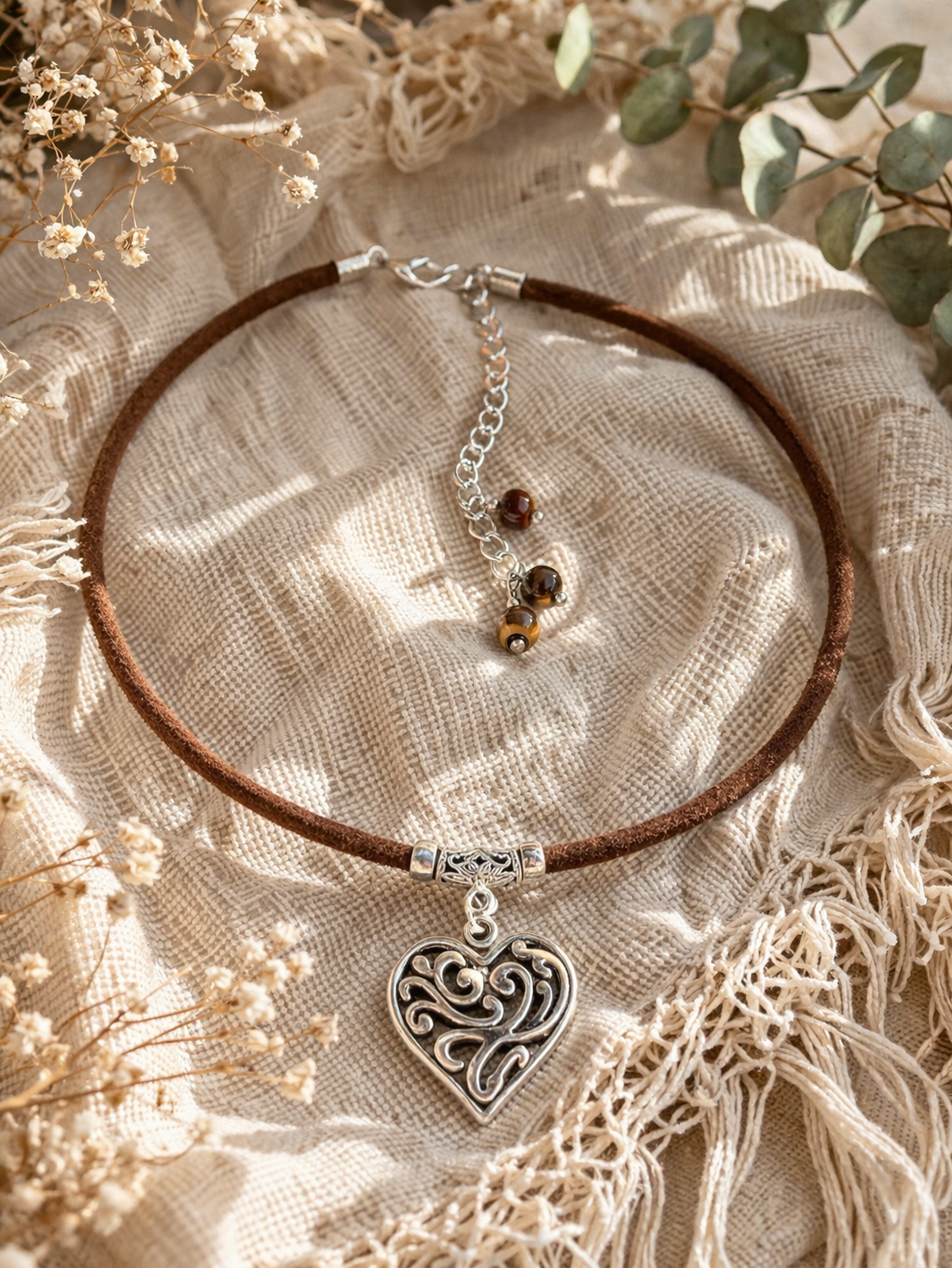 Choker serce boho – naszyjnik z zawieszką serca, romantyczna biżuteria vintage