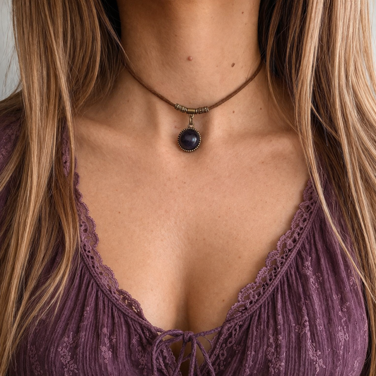 Choker z ametystem – talizman spokoju i intuicji, boho naszyjnik z kamieniem naturalnym