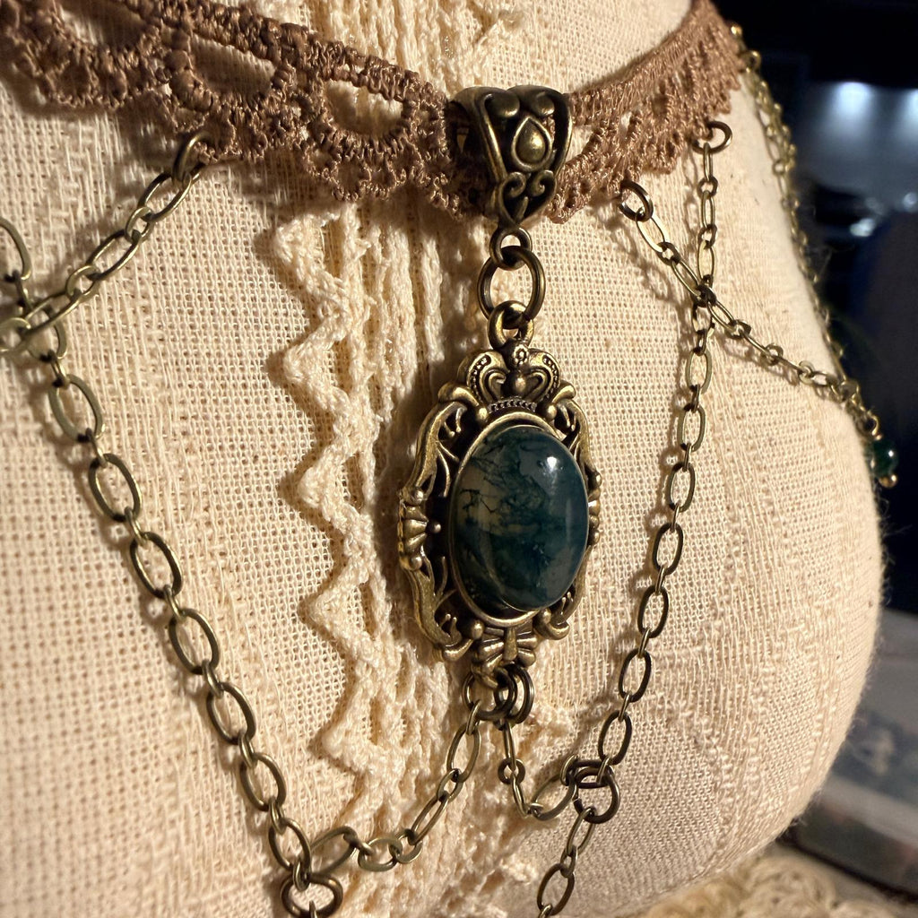 Leśny Szept – choker gothic boho z agatem mchowym 🌿✨