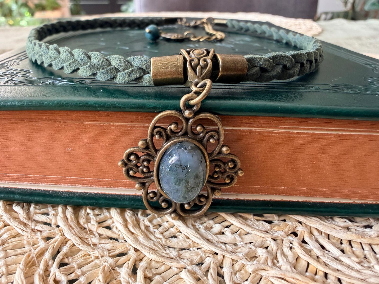 Choker z agatem mchowym – zielony kamień naturalny, boho naszyjnik vintage, talizman natury Agnes Arte