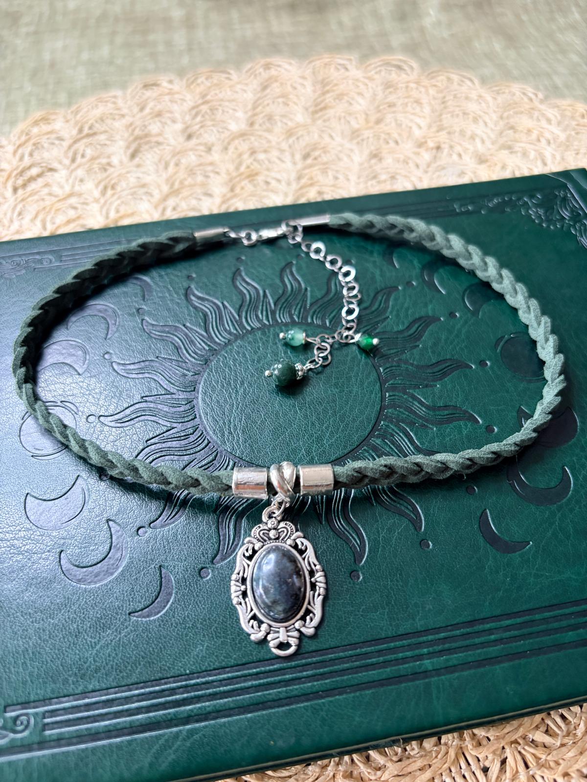 🌿✨ Choker z agatem mchowym – zielony naszyjnik boho vintage, talizman natury | Agnes Arte