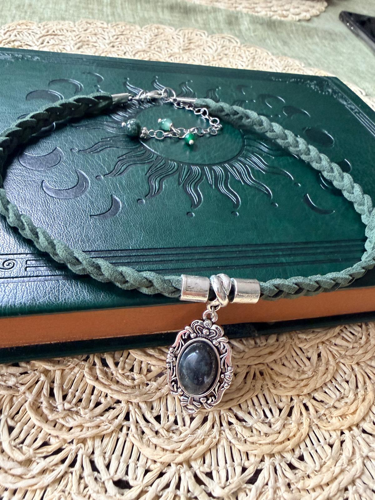 🌿✨ Choker z agatem mchowym – zielony naszyjnik boho vintage, talizman natury | Agnes Arte
